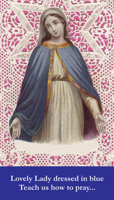 lovely lady dressed in blue prayer card Lovely Lady Dressed in Blue Embossed Medal Prayer Card